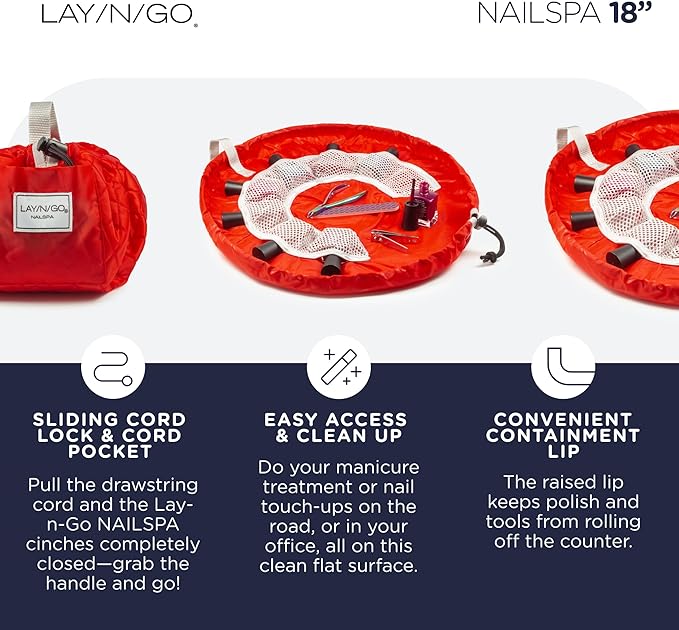 Lay-n-Go NailSpa Drawstring Cosmetic Bag - Portable Nail Supplies Organizer Bag w/ 8 Elastic Mesh Pockets & Circular Center - Durable, Machine Washable Nail Kit Organizer (18", Red)