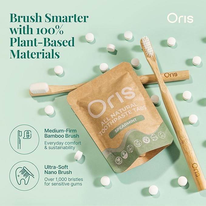 Oris Starter Bundle – 1 Month Supply: Natural Toothpaste Tablets | Fluoride-Free, Travel-Friendly, Kid-Safe with Enamel-Strengthening Nanohydroxyapatite (62 Count (Pack of 1), Spearmint)