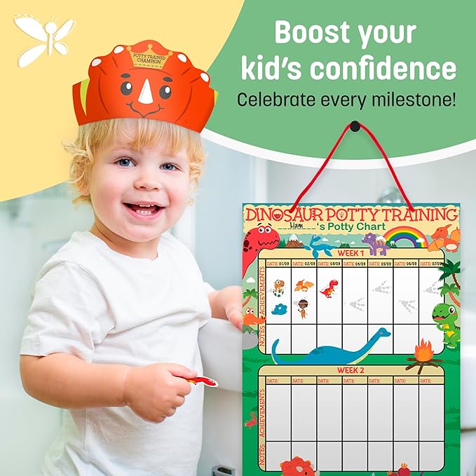 Potty Training Chart for Toddlers, Dinosaur Design Reward Chart - 194 Cool Stickers, 2 Fun Crowns, Motivational Certificate, Bonus Instruction Cards, Booklet & Erasable Pen for Boys and Girls