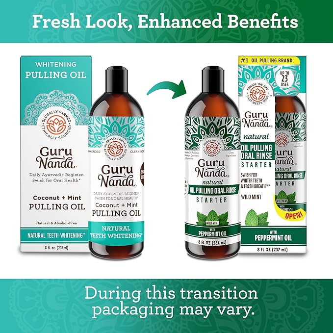 GuruNanda Starter Pulling Oil Mouthwash for Natural Teeth Whitening, Coconut and Peppermint Oil for Fresh Breath & Happy Gums, with Toothbrush & Tongue Scraper, Alcohol-Free, 8 Oz