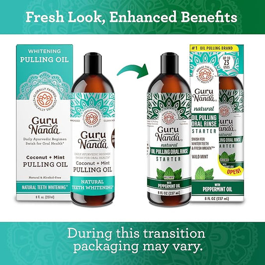 GuruNanda Starter Pulling Oil Mouthwash for Natural Teeth Whitening, Coconut and Peppermint Oil for Fresh Breath & Happy Gums, with Toothbrush & Tongue Scraper, Alcohol-Free, 8 Oz