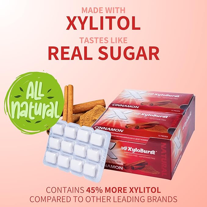 XyloBurst Gum | Xylitol Chewing Gum | Sugar Free, Gluten Free, Keto Friendly | Aspartame Free Gum For Oral Health | Cinnamon | 12 Pieces, Pack of 12