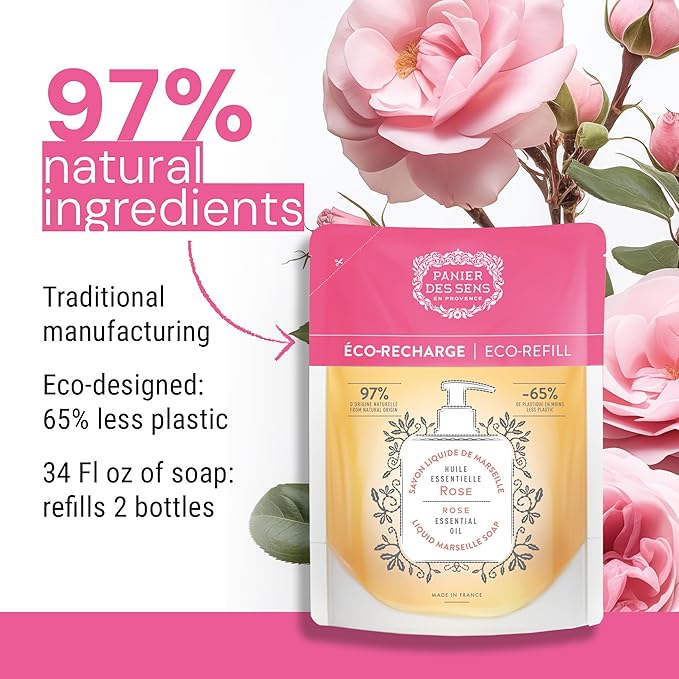 Panier des Sens Liquid Hand Soap Refills - Rose Floral Fragrance - Foaming Moisturizing Hand Soap - French Traditional Savon de Marseille for Kitchen & Bathroom - 34.4 Fl.oz Hand Wash 97% Natural