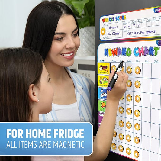 Large Magnetic Reward Chart for Kids - 127 Pre-Written Stickers (Including Potty Training) + 30 Customizable Chores - Behavior, Responsibility & Incentive Routine Star Chart for Fridge (1 Kid Version)