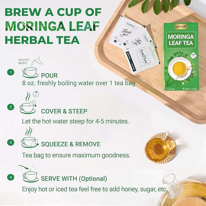 LeafLea Moringa Tea, 120 Fresh-Sealed Tea Bags, Premium Herbal Blend from 100% Natural Moringa Leaves, Supports Digestion & Immune Health, Caffeine-Free, Sugar-Free, Vegan, Non-GMO