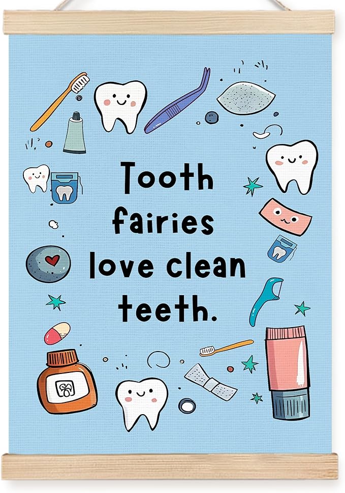 FDHSPAAM Funny Dental Wall Art Decor, Dental Office Decor, Dentist Gifts, Tooth Fairies Love Clean Teeth Cute Oral Hygiene Wall Art Posters for Hospital Doctor Office, 12x16 Inch
