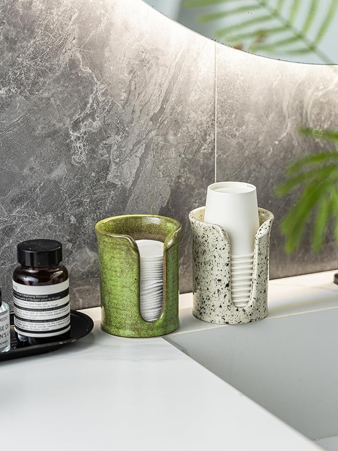 Bathroom Cup Dispenser 3 Oz, Bathroom Cup Holder for Dixie Cups Mouthwash Cup Dispenser, Small Paper Cups Holder for Bathroom Countertop, Ceramic, Speckled White