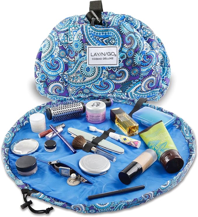 Lay-n-Go Cosmo Layflat Drawstring Cosmetic & Makeup Bag Organizer - Portable Drawstring Bag w/Zipper Pocket, Makeup Loops & More - Durable, Machine Washable Toiletry Bag for Travel (22", Blue Paisley)