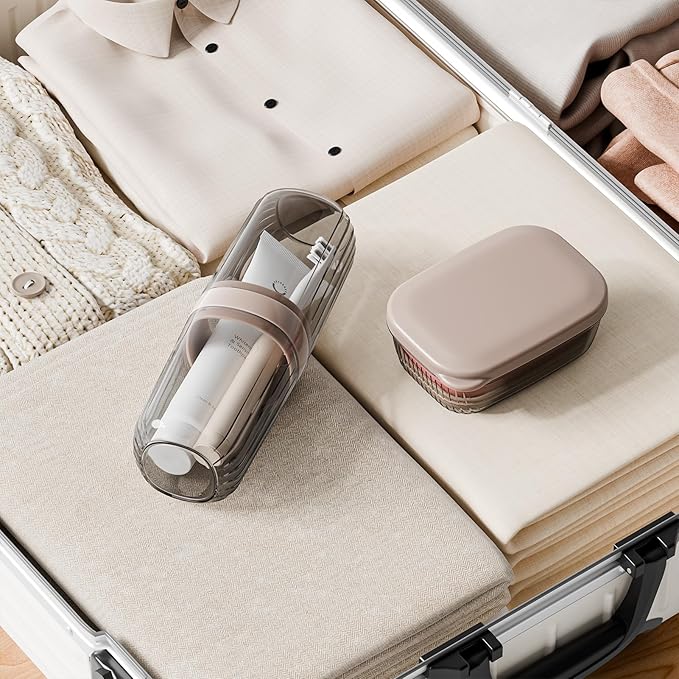 VITVITI Travel Soap Case Container, Portable Toothbrush Travel Case Dish Tray, 7.88 Inch Toothpaste Traveling Toothbrush Holder Set with Cover for Trip/Bathroom/Camping, Dark Coffee Color