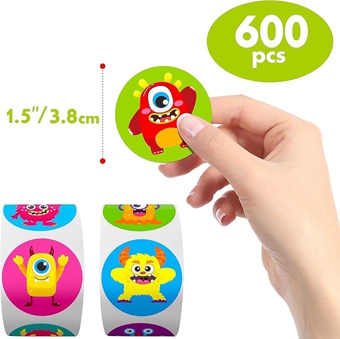 600 PCS Cartoon Monster Stickers for Kids, Party Decoration Teacher Reward Encouragement Motivational Decals 16 Designs Value Pack (1.5" in Diameter)