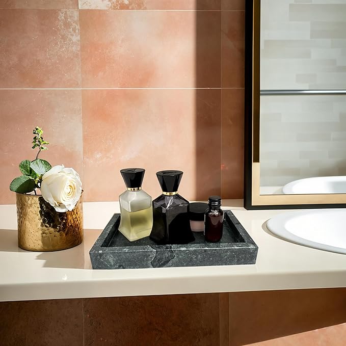 Natural Green Marble Tray for Bathroom | Kitchen | Vanity | Desktop, Stone Organizer for Coffee Table, Dresser, Nightstand, Candles, Soap, Towel, Plant, Jewelry (10" x 6"), Rectangular