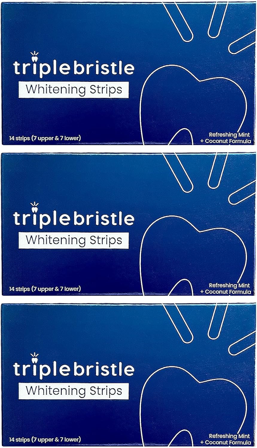Triple Bristle Teeth Whitening Strips, Sensitive Teeth Friendly, 14 Whitening Strips Per Box, Mint and Coconut Teeth Whitening Strip, Enamel Safe - Without Sensitivity, 3 Pack