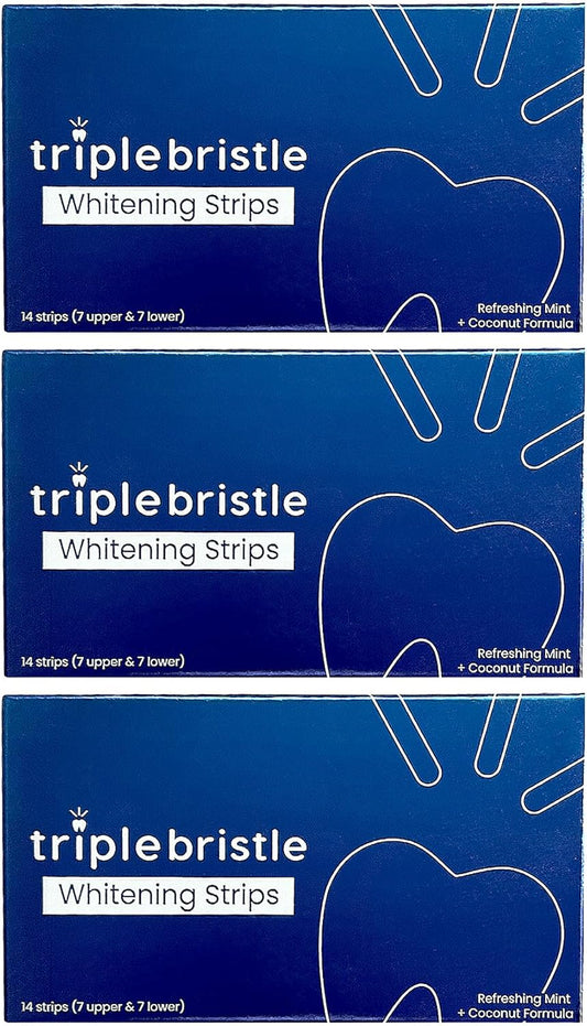 Triple Bristle Teeth Whitening Strips, Sensitive Teeth Friendly, 14 Whitening Strips Per Box, Mint and Coconut Teeth Whitening Strip, Enamel Safe - Without Sensitivity, 3 Pack