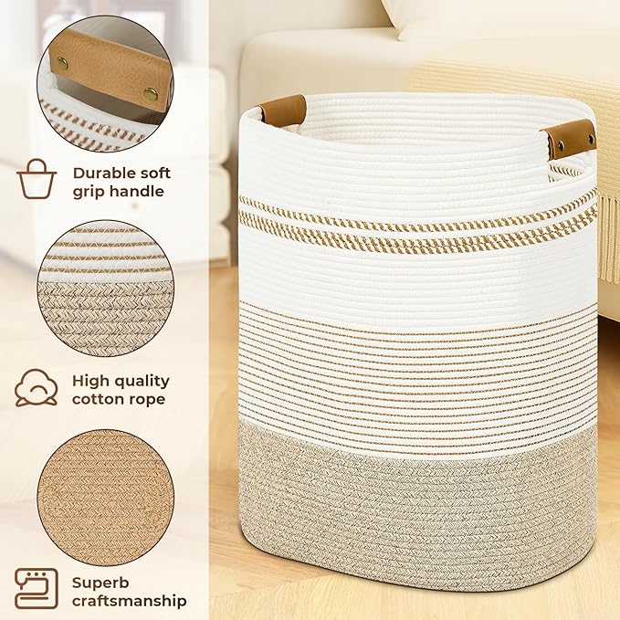 Laundry Basket with Handles - Blanket Basket & Hampers for Bedroom Aesthetic, Laundry Hamper & Blanket Storage for Living Room, Clothes Hamper, Tall, Large 17" x 14" x 22”, Light Brown & White