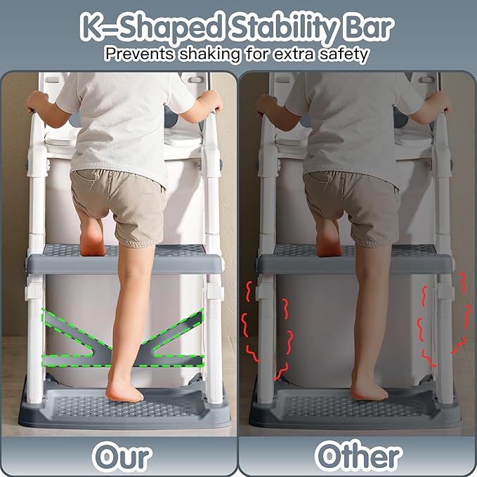 Potty Training Seat, 2 in 1 Potty Training Toilet with Step Stool for Boys Girls, Toddler Toilet Seat with Stabilizer Bar, Anti-Slip Pads and Splash Guard, Grey