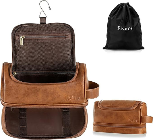 Elviros Toiletry Bag for Mens PU Leather Travel Organizer Kit with Hanging hook, Large Water-resistant Toiletries Bathroom Shaving Bags, Gift For Men (Brown)