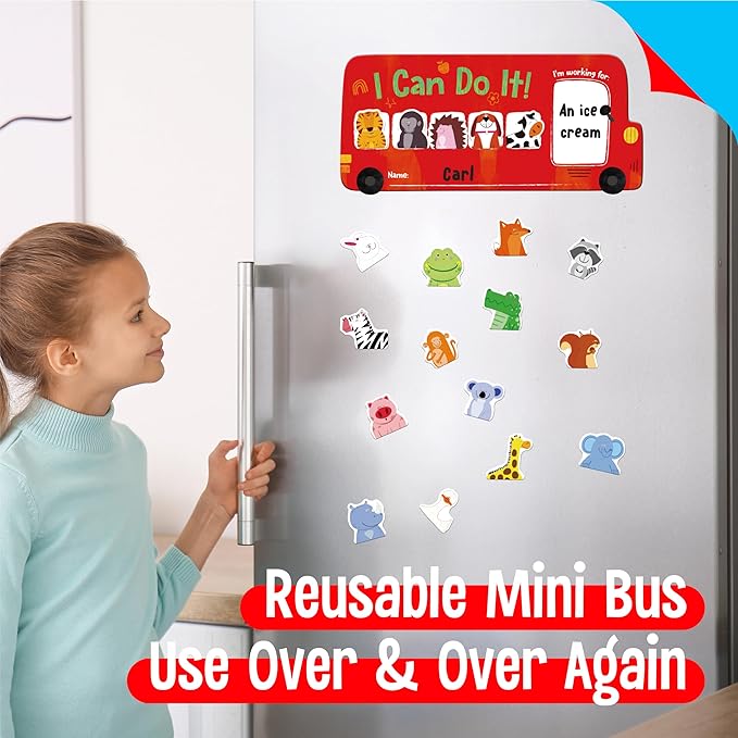 “I CAN DO IT” Token Board,Magnetic Reward Chart with 26 Animal Magnets, Red Bus Reward Chart for Kids, Incentive Positive Chart for Good Behavior and Responsibility, Great for Toddlers, Kids, Students