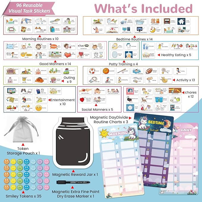 JJPRO Magnetic Bedtime/Morning/Daily Routine Chart for Kids with Smiley Faces Reward Jar-Dry Erase Bedtime Routine Chart,Visual Schedule Board for Toddlers Behavior Reward Chart -Unicorn