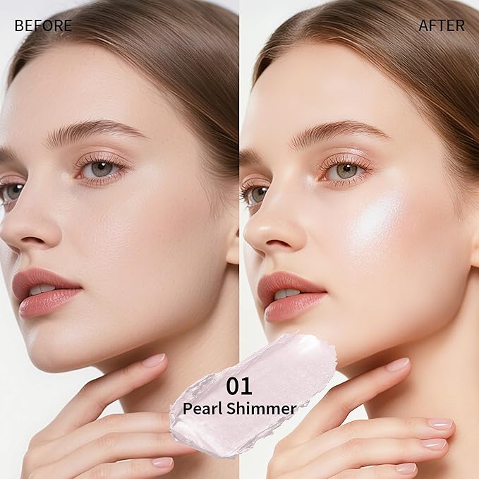 Highlighter Stick, Sheer Glow Cream Highlighter for Natural Radiant Skin, Blendable & Buildable Color, Non Caking, Long Lasting, SweatProof & Cruelty-Free, For All Skin Tones (01 Pearl Shimmer)