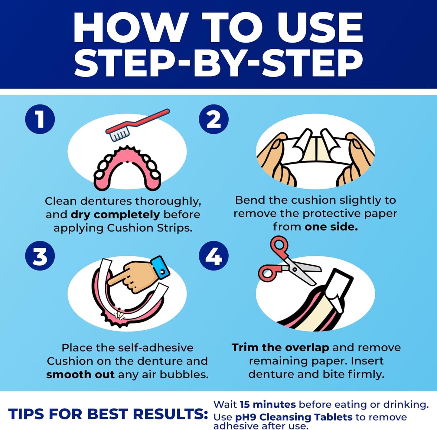 Secure Denture Adhesive Strips – Zinc Free – Waterproof – Comfortable Cushion Fit for Lowers – Extra Firm All-Day-Hold – No Mess – Clean Ingredients – 15 Strips (1 Pack)