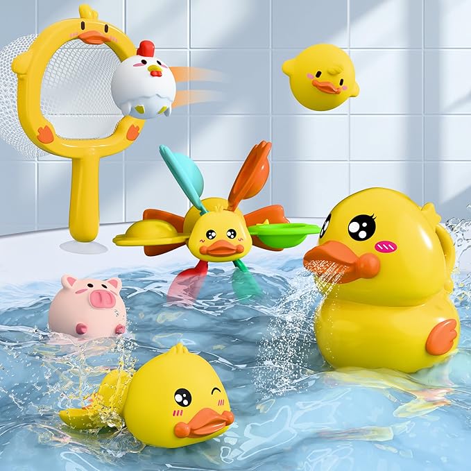 iPlay, iLearn Baby Duck Bath Toy, Toddler Bathtub Suction Water Spinner Gear, Kid Shower Fishing Game W/ Net, Floating Animal, Wind up Swimming Duck, Birthday Gift 6 9 12 Month 1 2 3 Year Old Boy Girl