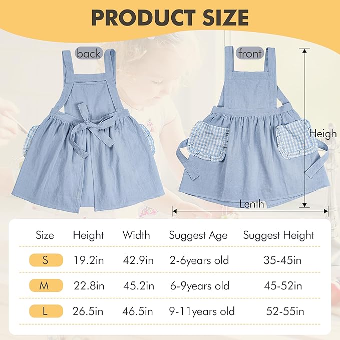 MT WORLD Girls Apron Personalized Linen Kids Aprons for Cooking Toddler Girls Cross Back Apron Pinafore for Baking Crafting