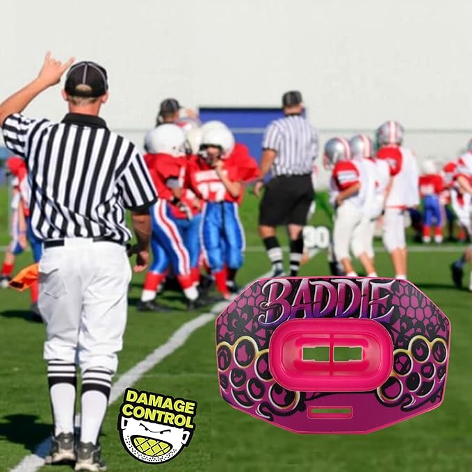 DAMAGE CONTROL Youth Football Mouth Guard – Breathable No Boil Mouthpiece, Protects Lips & Teeth, Works with Braces, Includes Helmet Strap – Sports Gear & Accessories (Baddie)