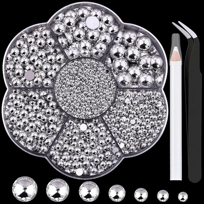 Nail Art Flat Back Half Round Pearl Kits 3, Mixed Sizes 6000 Pcs Silver Small Pearls for Nails with Picking Tools for Graduation Cap Decorations Home DIY Body Face Craft Salon Use