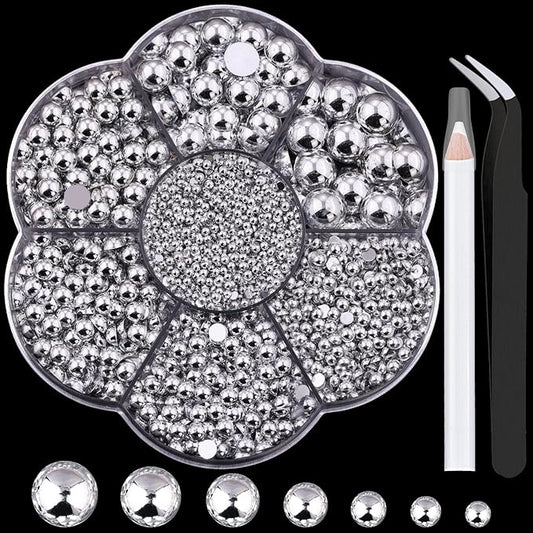 Nail Art Flat Back Half Round Pearl Kits 3, Mixed Sizes 6000 Pcs Silver Small Pearls for Nails with Picking Tools for Graduation Cap Decorations Home DIY Body Face Craft Salon Use