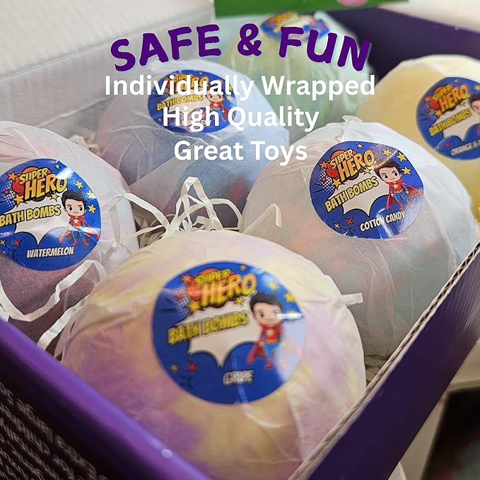 EvolutionUSA Purple Epic Superhero Bath Bombs for Kids, 6 Super Hero Bath Bombs with Toy Inside, Lush Childrens Bathbombs, Organic Bathbomb with Surprise Inside, Fizzy Fun Superhero Bath Balls