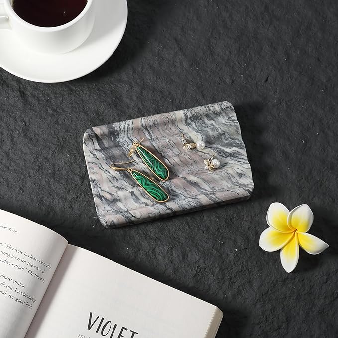 Soap Holder for Bathroom, Black Marble Soap Dish for Kitchen Countertop, Soap Tray with Creative Wavy Design, Soap Saver for Bath Tub, Sponges, Italian Natural Stone