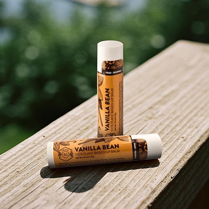 Crate 61 Lip Balm - Vanilla Bean – Plastic-Free Plant Pod® Tube – Made with USDA Organic Ingredients & Fair Trade Vanilla – Natural, Moisturizing Lip Care for Dry Lips – Safe for Men, Women & Kids