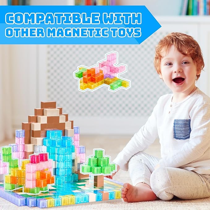 VigorFun Magnetic Blocks Set, Magnet Building Blocks with Toy Figurine and Storage Bag for Kids Gifts, STEM Educational Preschool Sensory Toys for Toddlers Boys Girls Ages 3-12(Transparent)