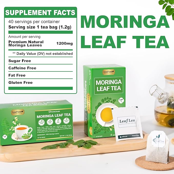 LeafLea 80 Moringa Tea Bags, Premium Moringa Leaf Herbal Tea for Digestive Support and Daily Wellness, Made from Natural Leaves, Caffeine-Free, Non-GMO, Sugar-Free
