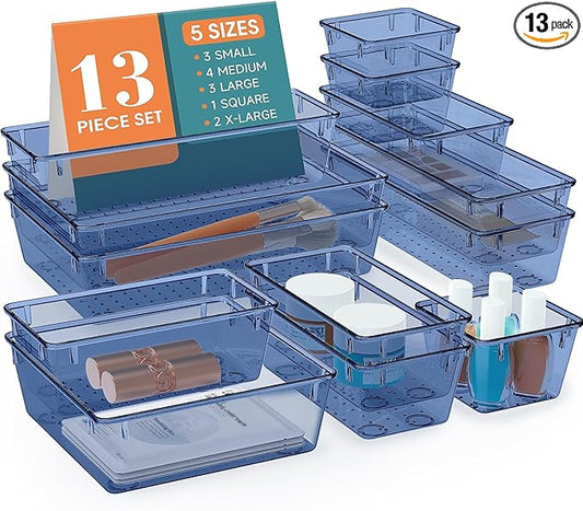 13 PCS Drawer Organizer Set, 5 Varied Size Bathroom and kitchen Drawer cabinet organizer Trays, Clear Storage Bins for Makeup, Jewelry, Utensils and Gadgets, Dark Blue