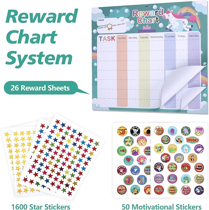 Behavior Chart for Kids - Reward Chart for Kids with 26 Reward Sheets, Magnetic Reward Chart for Kids with 1600 Star Stickers, 50 Motivational Stickers, Responsibility Chart for Kids, Behavior Chart