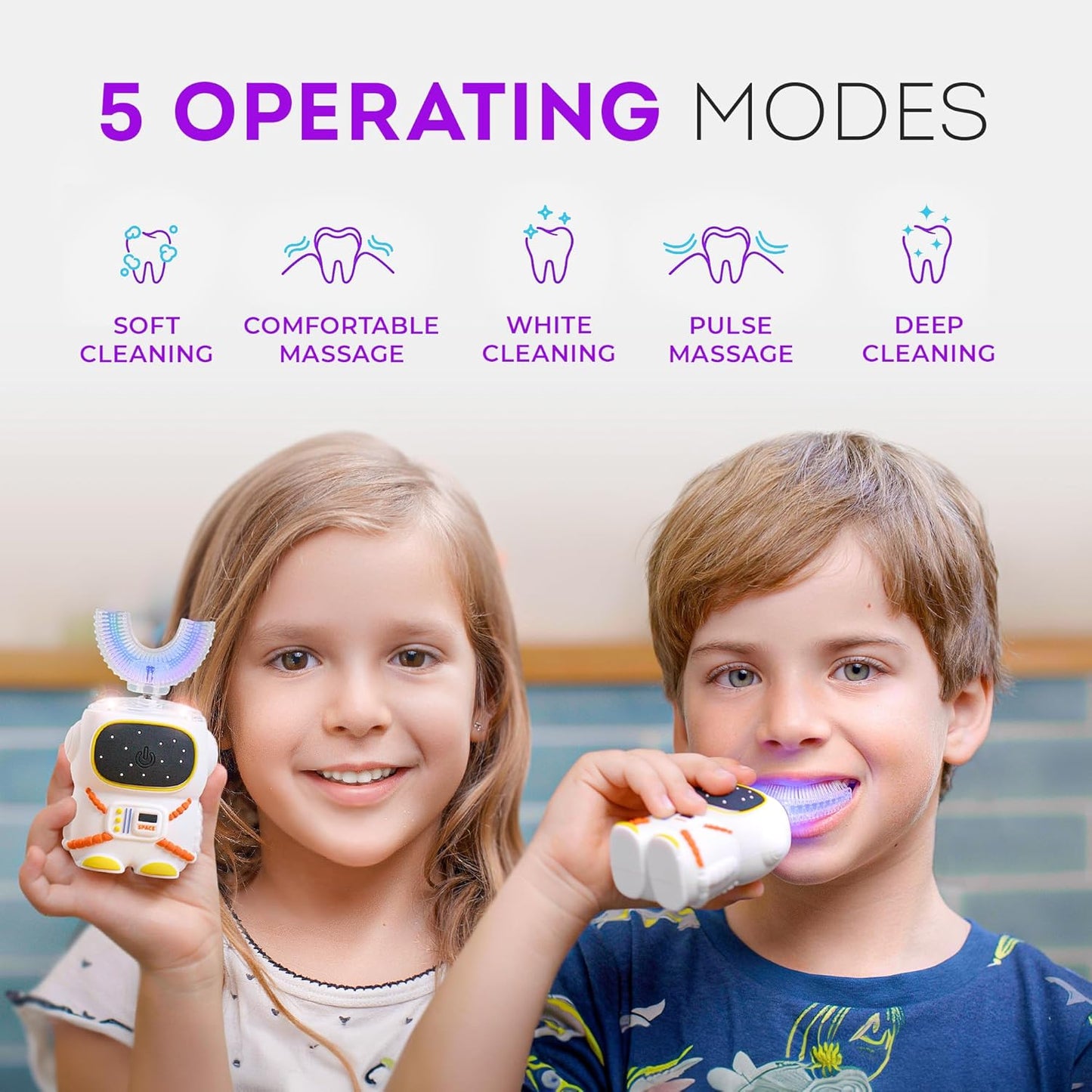 Sensory 360 Round U-Shaped Astronaut Design Mouthguard Electric Toothbrush for Kids Ages 2-7 - Automatic Memory Function - 5 Modes Toothbrush with Multiple Heads – Kids Travel Essentials (White)