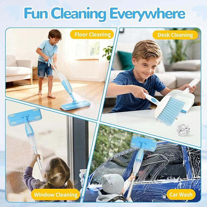 HWZ Kids Cleaning Set, Make Chores Fun! Real Working Toddler Cleaning Toy with Mini Spray Mop & Broom Dustpan Set, Pretend Play Montessori Housekeeping Toys, Ideal Gift for Girls Boys Age 3+