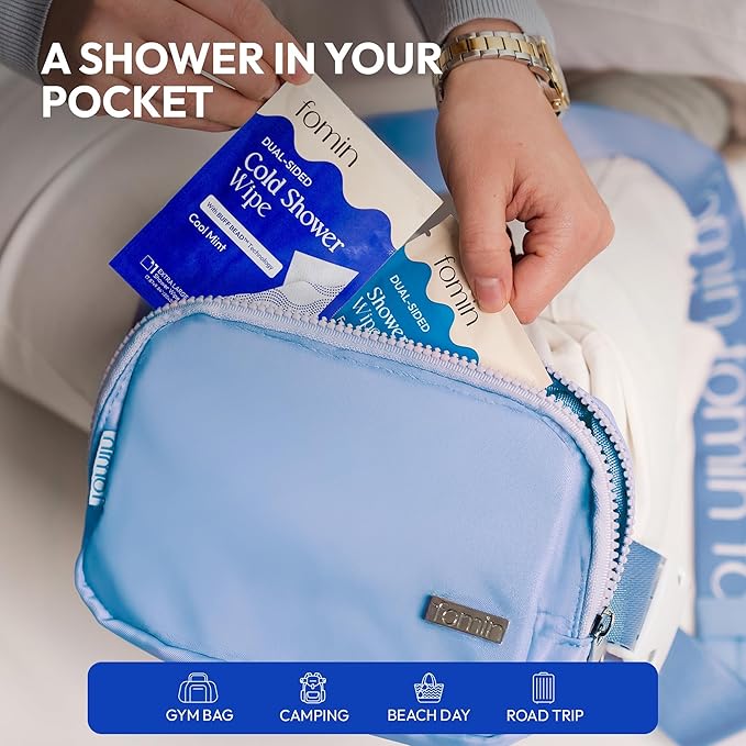 FOMIN Travel Cold Shower Wipes - 20 Pack - No Rinse XL Bathing Wipes with Vitamin E - Fragrance-Free Full Body Wipe for Adults - Individually Wrapped Waterless Bath Wipe for Hygiene, Camping, & Gym