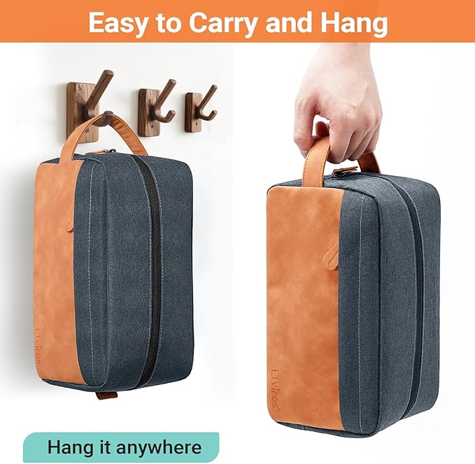 Elviros Travel Toiletry Bag for Men, Hanging Toiletries Bag Water Repellent Dopp Kit PU Leather Travel Bag for Toiletries Accessories, Navy Blue