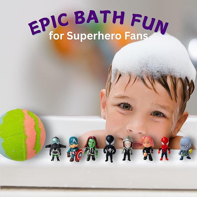 EvolutionUSA 1pc Epic Superhero Bath Bombs for Kids, Super Hero Bath Bomb with Toy Inside, Lush Children Bathbomb, Organic Bathbomb with Surprise Inside, Fizzy Fun Superhero Bath Ball Bath Toy
