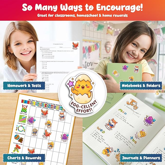 Animal Pun Reward Stickers – 800 Cute Incentive Stickers for Kids, 40 Unique Designs, Classroom & Homeschool Rewards, Homework & Behavior Charts