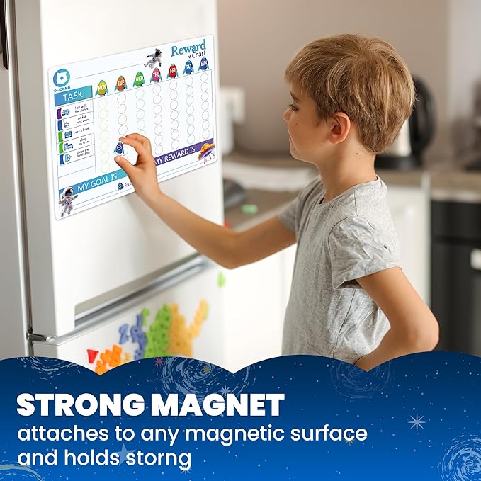 QUOKKA Magnetic Behavior Chore Chart for Kids at Home - Blue Reward Visual Schedule Chart - Dry and Erase Routine and Responsibility - Use 99 Magnets Markers Stickers - from Toddlers to Teens