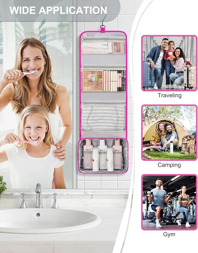 Relavel HangingTravel Toiletry Bag for Women, Large Capacity Toiletries Bag, Travel Essentials Organizer, Hanging Makeup Case for Accessories, Waterproof Bathroom Shower Bag (hot pink)