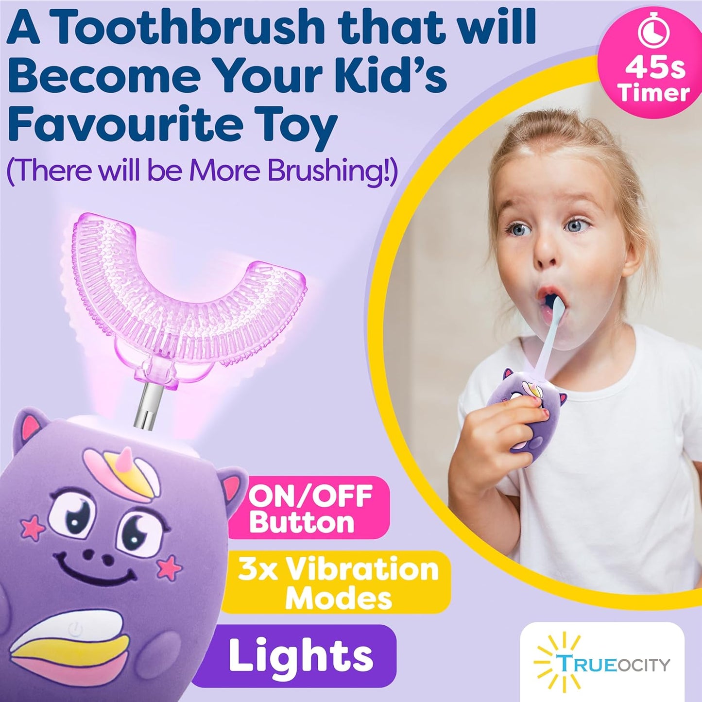 Trueocity Kids U Shape Toothbrush Auto Electric Toddler Rechargeable Kids Automatic Toothbrush | 360° U-Shaped Silicone Brush Head | Gentle Cleaning for Ages 2–7 | Unicorn Design (Purple)