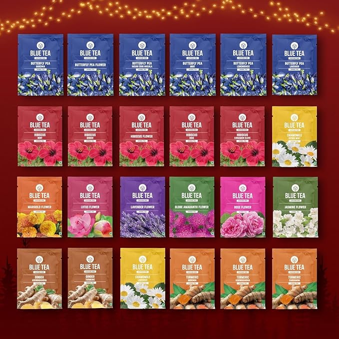 BLUE TEA - Advent Calendar 2025 (Red) - 24 Tea Bags - Plant Based - 24 Unique Tea | Limited Edition | Sampler & Variety Pack | Caffeine Free - Herbal Tea - Christmas Holiday Unique Advent Calendar Tea Gift Set | Gift Idea for Men and Women