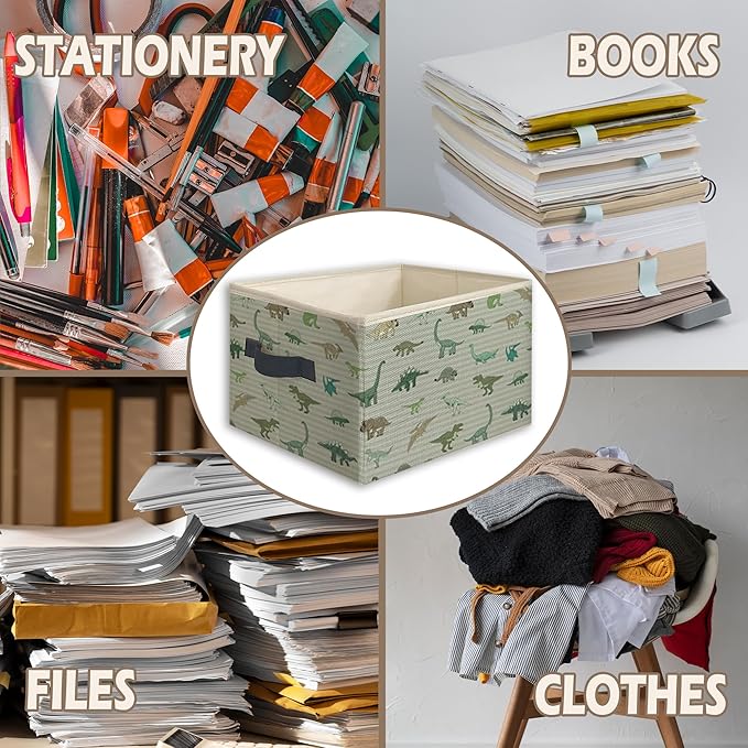 Dinosaur Foldable Storage Bins Box with Handles, Vintage Gray Striped Dinosaurs Collapsible Toys Books Clothes Organizer Basket for Kids Boys Bedroom Bathroom Dorm Nursery