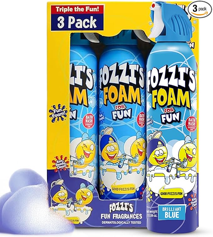 FOZZI’S Brilliant Blue Bath Foam Soap for Kids (3 Pack) - Fun Aerosol Spray - Fluffy Bubble Soap for Playtime - Gentle Cleanser Foaming Body Wash - Safe Bath Fun for Everyday Wash