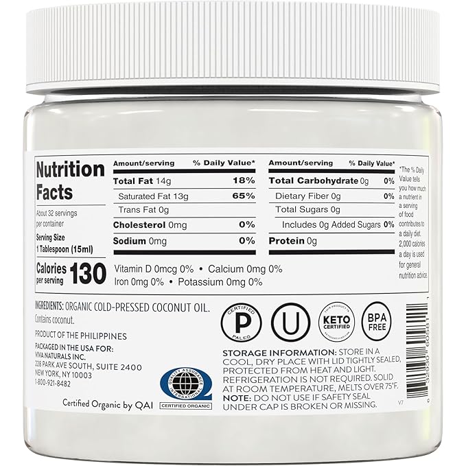 Viva Naturals Organic Coconut Oil, 16 fl oz – Unrefined, Cold-Pressed Extra Virgin Coconut Oil, USDA Organic & Non-GMO, Natural Cooking Oil, Hair Oil & Skin Oil