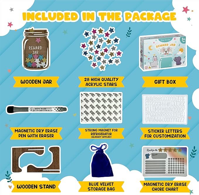 Trader Z's Kids- Premium Wooden Star Reward Jar, Chore Chart, Toddler and Kids Potty Training, Classroom and Teacher Gifts, Boys and Girls Behavior Chart, Magnetic Reward Chart for Kids.